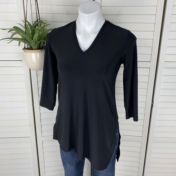 Sympli Canada Black Asymmetric Hem V Neck 3/4 Sleeve Tunic Top‎ Knit Size 6 - Picture 1 of 8